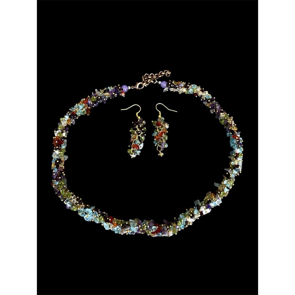 3 Pc Multi Gemstone Nugget Chip Necklace Earrings Natural Stones Boho Festival